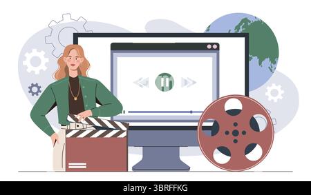 Woman with clapperboard near video screen. Vector illustration Stock Vector