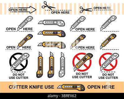 Cutter stationery office knife cut paper, open here cardboard box package. Not use cutting sharp steel blade shear carver. Scissors dotted line icon Stock Vector