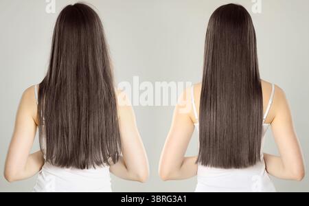Hair combing, straightening. Woman showing hairstyle before and after different procedures on grey background, back view. Collage of photos Stock Photo