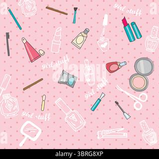 Makeup set with decorative beauty products. Skin, eyes, lips cosmetics and accessories for make-up. Women purse stuff, lipstick, mascara  Flat graphic Stock Vector