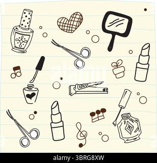 Makeup set with decorative beauty products. Skin, eyes, lips cosmetics and accessories for make-up. Women purse stuff, lipstick, mascara. Flat graphic Stock Vector