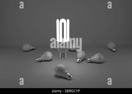 Illustration of lit energy efficient lightbulb over bulbs Stock Photo