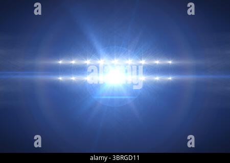 Digital lens flare radiating blue glow flanking light arrays emitting rays, halos on navy gradient Stock Photo