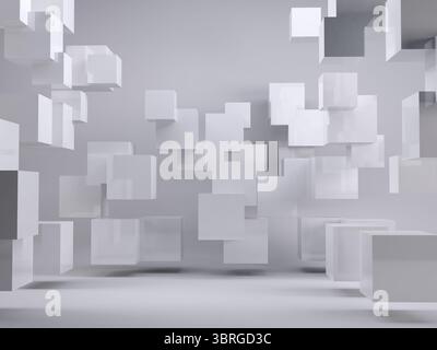 Minimalist 3D render is showing floating semi-transparent white cubes in virtual grey studio Stock Photo