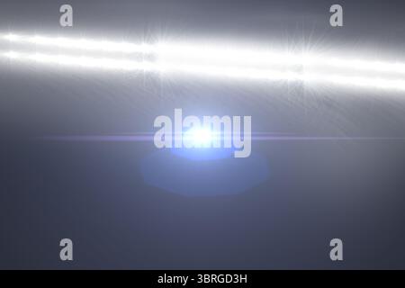 Showing flat design dark background with white beam crossing top and blue lens flare glowing bottom Stock Photo