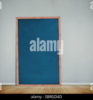 Chalkboard with wooden frame is leaning against light wall above hardwood floor, in flat design Stock Photo