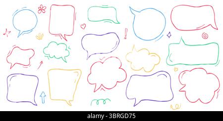 Pastel crayon speech balloon set with hand drawn lines. Doodle style dialog frames and cute cartoon talk bubbles for children. Chalk and pencil text Stock Vector