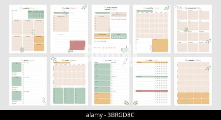 Bullet Journal Planner Set US Letter 8.5x11 in. Printable Daily Weekly Monthly Pages with Mental Health Tracker Checklist and Goals. Cute Vector Stock Vector