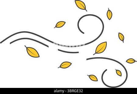 Windy weather color icon. Autumn season meteo forecast, meteorology. Wind speed and strength prediction. Cool breeze with leaves isolated Stock Vector
