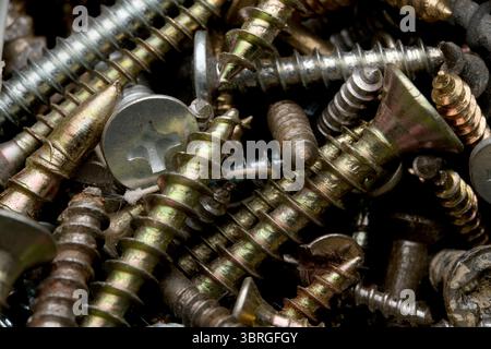 A variety of screws in different sizes and finishes are on a workbench. Stock Photo