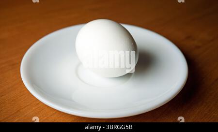 A pristine white egg calmly sits on a clean, smooth plate in soft light. Stock Photo