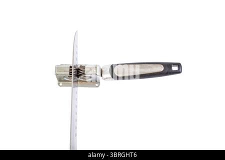 Vintage knife sharpener with a santoku chef knife, top view isolated on white Stock Photo