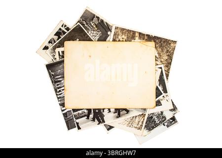 Stack old photos with blank copy space , isolated on white background. abstract textured backdrop, Stock Photo