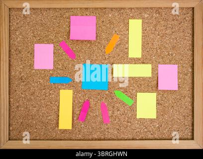 Multiple colorful paper posts, empty backdrop on cork board background, brainstorming Stock Photo