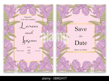 Elegant wedding invitation with gold and floral frame. Pink background cards decorated with pink flowers and leaves. Stock Vector