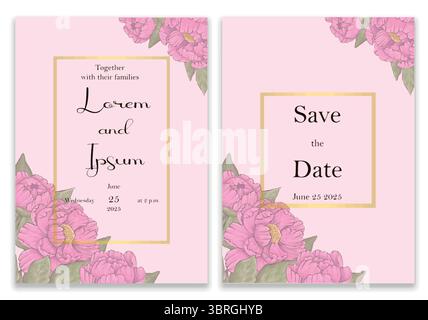 Elegant wedding invitation with gold and floral frame. Pink background cards decorated with pink flowers and leaves. Stock Vector
