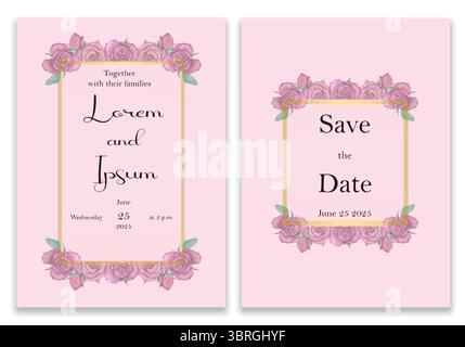 Elegant wedding invitation with gold and floral frame. Pink background cards decorated with pink flowers and leaves. Stock Vector
