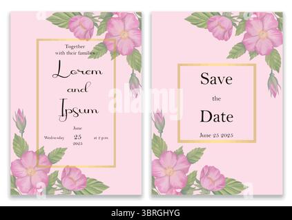 Elegant wedding invitation with gold and floral frame. Pink background cards decorated with pink flowers and leaves. Stock Vector