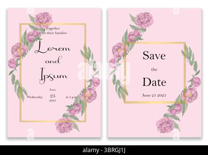 Elegant wedding invitation with gold and floral frame. Pink background cards decorated with pink flowers and leaves. Stock Vector