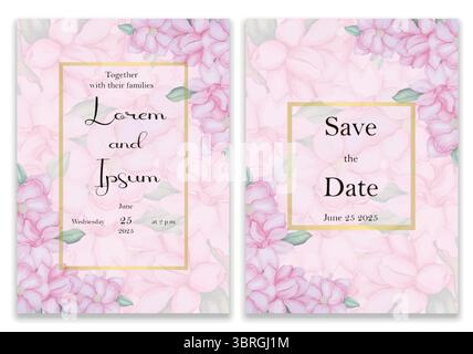 Elegant wedding invitation with gold and floral frame. Pink background cards decorated with pink flowers and leaves. Stock Vector