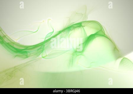 translucent green mesh ribbons are flowing across off-white backdrop in abstract digital art Stock Photo