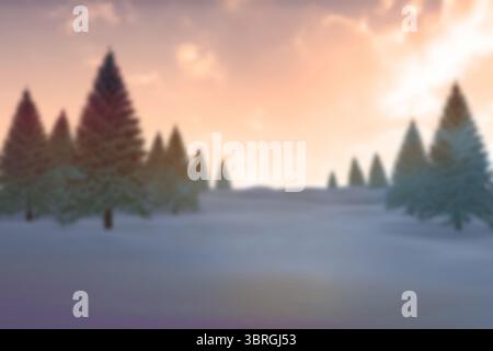 Snow-covered forest clearing is glowing under pastel dusk sky featuring pine trees in flat design Stock Photo