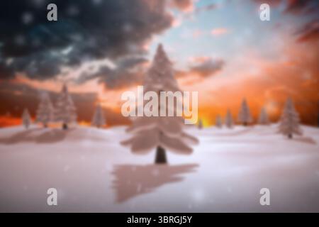 Winter landscape is unfolding in flat design, showing snow-laden pine tree, flurries, sunset sky Stock Photo