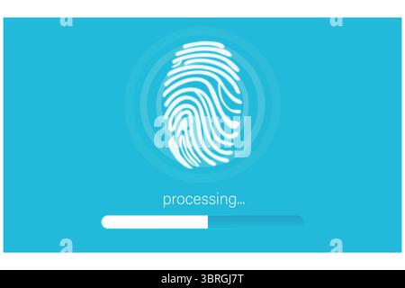 Displaying white fingerprint icon rippling on turquoise flat design UI showing processing progress Stock Photo