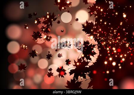 Abstract digital maple leaf silhouettes are drifting across dark background with bokeh sparkles Stock Photo