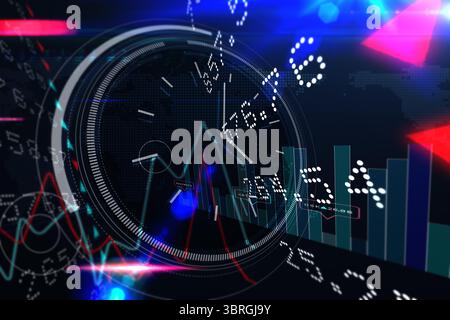 Dashboard HUD dial is displaying red, cyan line graphs, teal bars, map overlay in flat vector Stock Photo