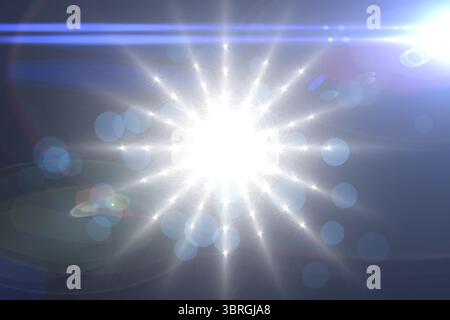 White light burst is radiating star rays, lens flare circles in 3D on dark gradient background Stock Photo