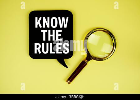 Know The Rules text with speech bubble and magnifying glass on yellow background Stock Photo
