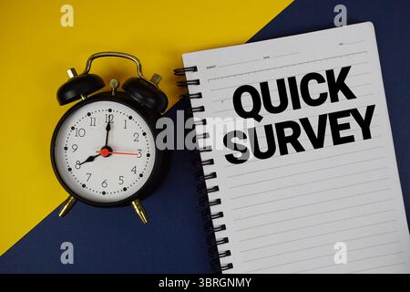 Quick Survey text written on notepad with alarm clock on blue background Stock Photo