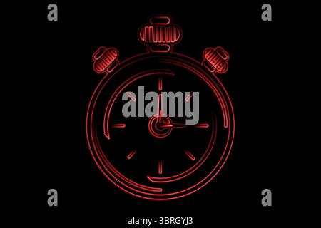 Glowing red neon stopwatch is resting on solid black background and showcasing neon signage effect Stock Photo
