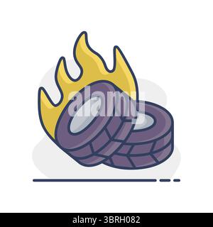 Two lying burning tires revolutionary barricade vector isolated icon. Demonstration, protest, strike, revolution Stock Vector