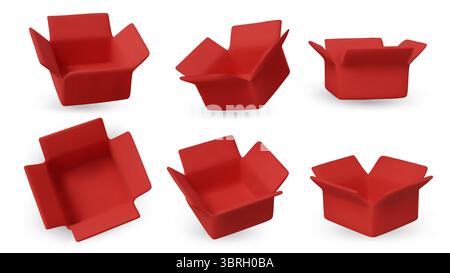 Collection of isometric yellow open boxes on white background. Ideal for delivery, shipping, packaging, and online store visuals. Stock Vector