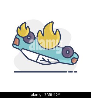 Burning car vector isolated icon. Auto accident, inverted car with fire. Demonstration, protest, strike, revolution, automobile crash Stock Vector