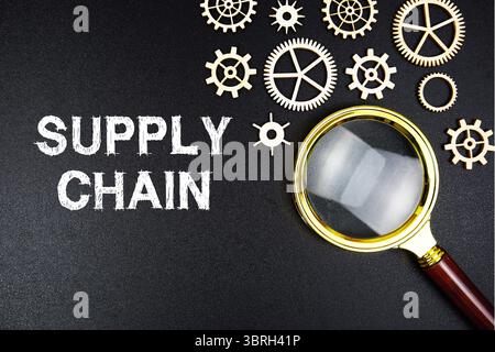 Suply Chain text message with magnifying glass on black background Stock Photo