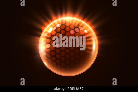 3D transparent sphere protection shield with hexagon pattern and neon glowing elements on dark background. Power energy barrier, force field, protection or defend concept. Vector illustration Stock Vector