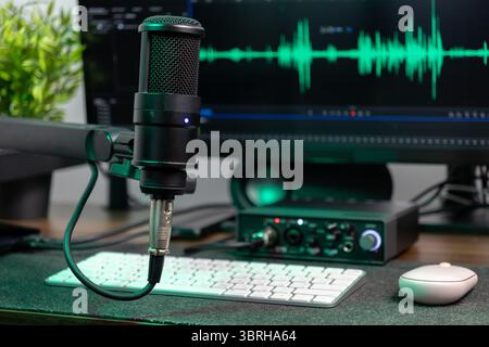 A close-up of a studio condenser microphone on a stand with an audio interface, showing a green sound waveform on the monitor, representing creative a Stock Photo