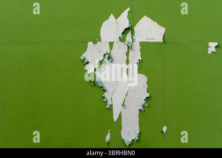 Abstract background of a vibrant green wall with peeling white paint. Grunge texture with cracked and flaking paint, creating an artistic, weathered Stock Photo