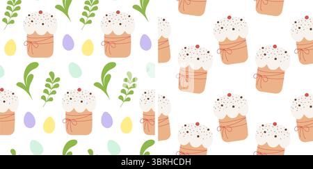 Easter cake with Sprinkles Chocolate pieces and Easter Eggs and Green Twigs Seamless Patterns Set. Isolated Vector illustration Easter Holiday or Parties Backgrounds, greeting cards, banner, leaflets Stock Vector