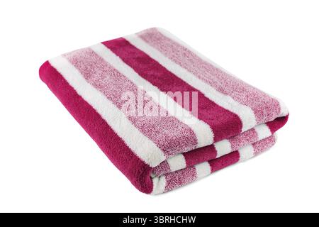 Carefully folded soft striped bath pink towel isolated on white background. Terry cloth, striped pattern towel texture, cotton bath textile or microfi Stock Photo