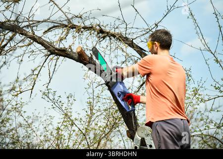 Young man cutting trees using electrical chainsaw in motion at his backyard. Gardening concept Stock Photo