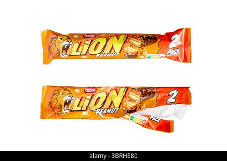 Nestle Lion peanut chocolate bar packaging both new and empty opened isolated on white background Stock Photo