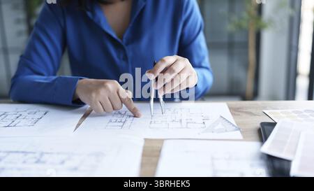 Architecture drawing on architectural Creative project business architecture building construction Industrial engineering Stock Photo
