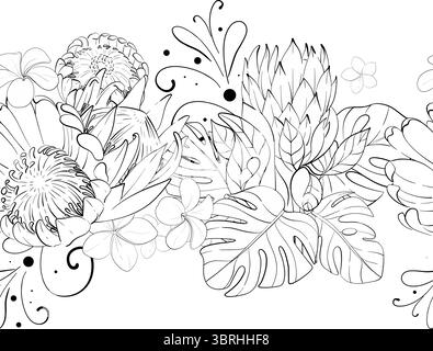 Vector seamless tropical border, pattern. Ornament with flowers composition, bouquet of proteas and exotic monstera leaves, plumeria. Hand drawn Stock Vector