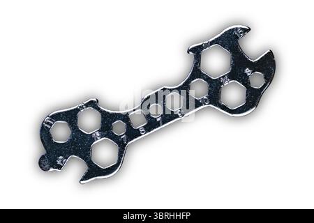 Top view of single metallic multifunctional spanner isolated on white background with clipping path Stock Photo