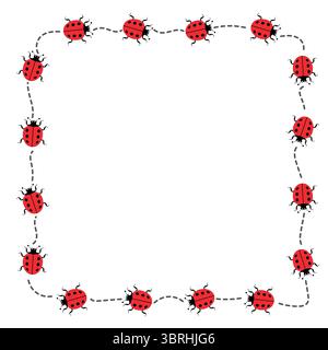 Ladybug Border with Dotted Path. Insect Frame Illustration. A square frame made up of adorable red ladybugs marching along a dotted, curving path. Stock Vector
