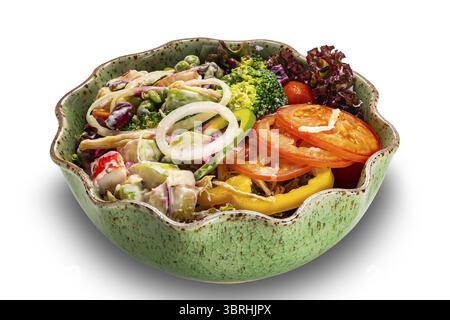 High angle view of salad bowl isolated on white background with clipping path. Healthy colorful chicken meat salad with crab stick and various vegatab Stock Photo